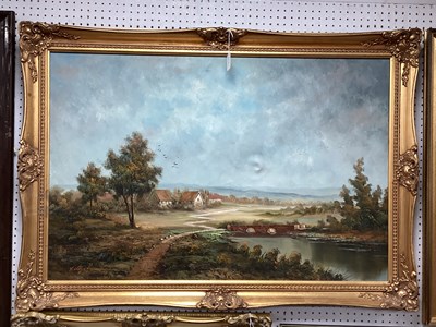 Lot 1493 - Panoramic Landscape with Distant Houses, oil...