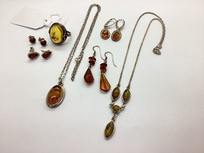 Lot 147 - Modern Amber Inset Drop Necklace, oval collet...
