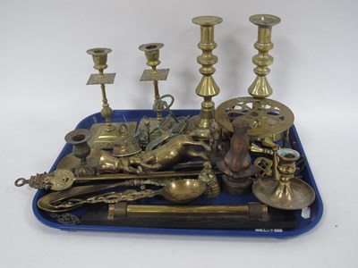 Lot 1463 - Brass Candlesticks, Chambersticks, rule, etc:-...