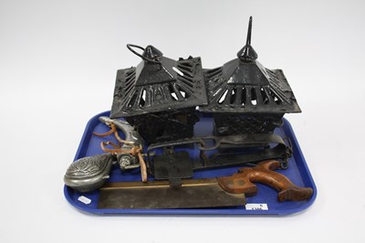 Lot 1386 - Pair of Black Painted Iron Hanging Bird Houses,...