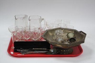 Lot 1329 - Plated Comport, cutlery, glassware:- One Tray.