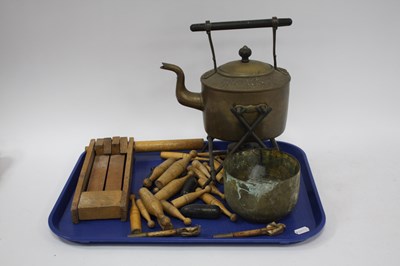 Lot 1377 - Brass Spirit Kettle, wooden rattle, skittles,...