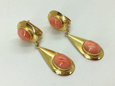 Lot 57 - A Pair of Cabochon Inset Drop Earrings, oval...