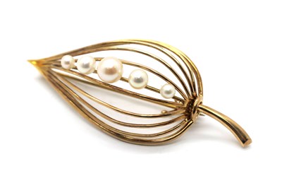 Lot 141 - A Modernist Style Pearl Set Leaf Brooch, of...