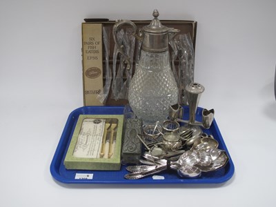 Lot 1208 - Claret Jug, silver rimmed salts, plated ware,...