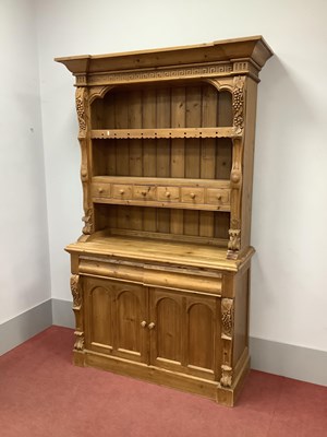 Lot 1491 - Pine Dresser, the rack with Greek key over a...
