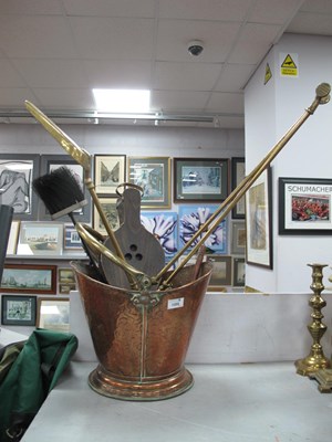 Lot 1355 - Beaten Copper Log Bucket, bellows, flat iron,...