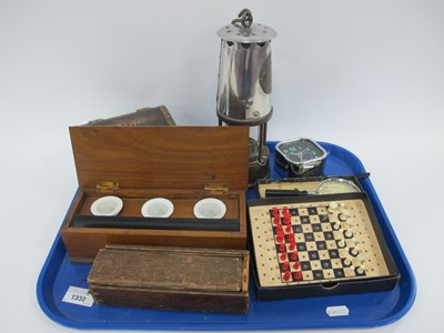 Lot 1332 - Eccles Miners Lamp, oak travelling writing set,...