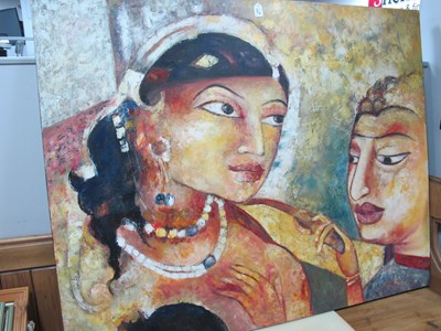 Lot 1447 - Bali School, close up of two ladies, oil on...