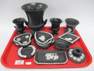 Lot 1256 - Wedgwood Black Jasper Ware Squat Candlestick...
