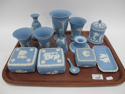 Lot 1259 - Wedgwood Powder Blue Jasper Ware Vases, the...