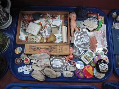 Lot 1377 - Badges, doll's shoes, ephemera, jelly moulds,...