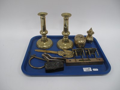 Lot 1376 - Pair of XIX Century Brass Push Candlesticks,...